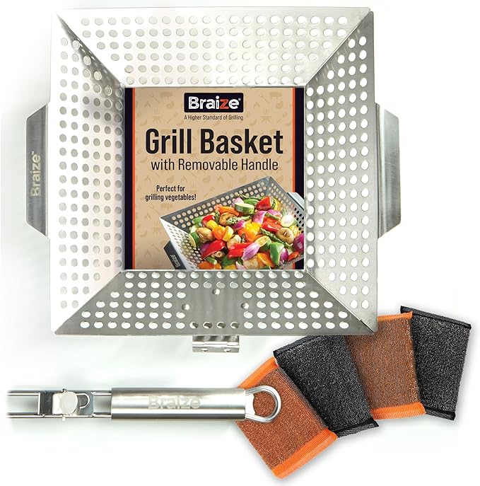 Heavy-Duty Stainless Steel Grill Basket – 12"x13.75" Large BBQ Basket with Removable Handle – Durable Grilling Basket for Vegetables, Fish & Meat – Outdoor Cooking Accessory with 4 Bonus Scrub Sponges