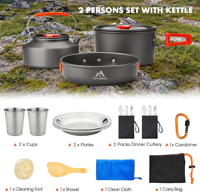 17pcs Camping Cookware Kit, 0.45Gal Pot, 7inches Pan,0.30Gal Kettle Set with 2 Set Stainless Steel Cups Plates Forks Knives Spoons for Hiking