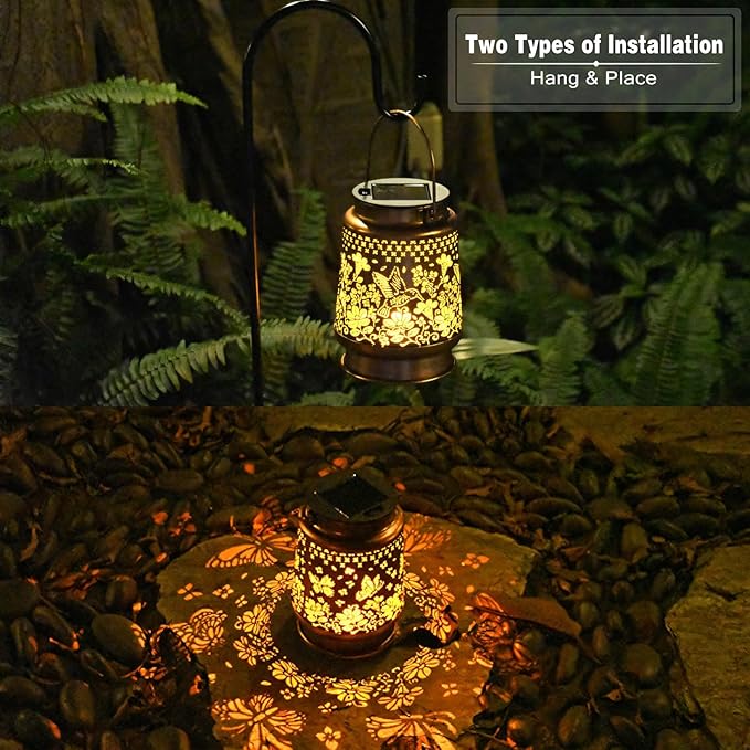 Solar Lanterns Outdoor Waterproof, 2 Pack Hummingbird & Butterfly Metal Hanging Solar Lantern, Gardening Gifts for Women Mom Grandma, Outdoor Lanterns for Yard Patio Pathway