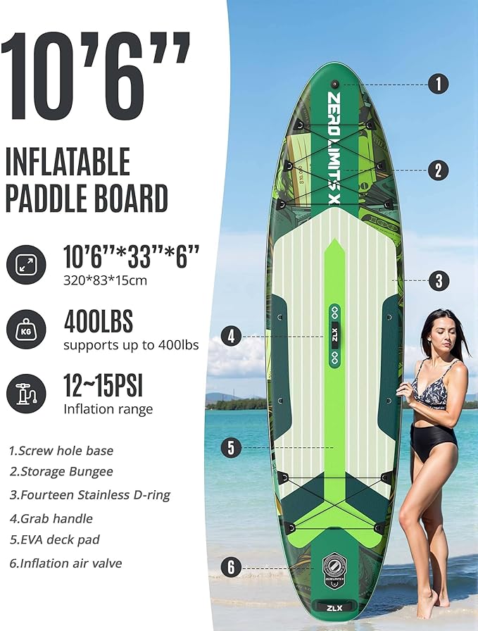 ZLX Inflatable Stand Up Paddle Board, 10'6" SUP Non-Slip Stable Deck Pad, Unique Center Fin, Premium Accessories, Portable Paddleboard for Adults, Beginners, All Skill Levels