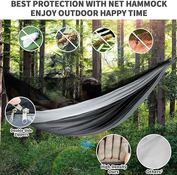 Camping Hammock - Hammocks with Mosquito Net Tent and Rain Fly Tarp, Portable Single & Double Nylon Parachute Hammock with Heavy Duty Tree Strap, Indoor Outdoor Backpacking Survival Travel