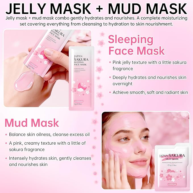 Sakura Skin Care Set for Teenage Girls, Lovely Travel Skincare Set for Women, 20-In-1 Spa Party & Sleepover Skincare Kit with Sleeping Face Mask, Mud Mask, Lip Mask & Exfoliating Scrub, Five of Each