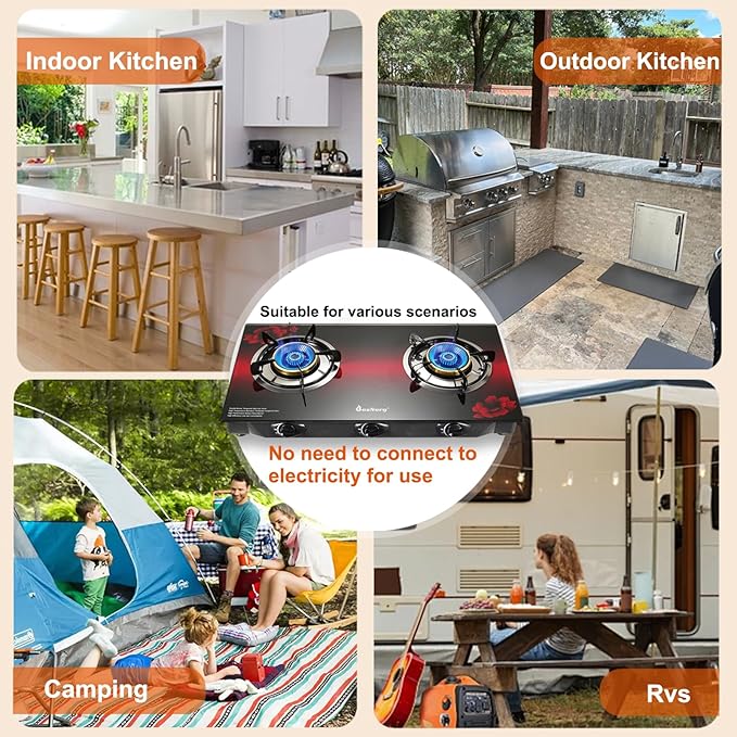 Propane Stove 2 Burner Gas Stove, 28800 BTU High-Efficiency Auto Ignition Tempered Glass LPG Cooktop with CSA Regulator and Hose – for Outdoor Camping, RV, and Emergency Cooking