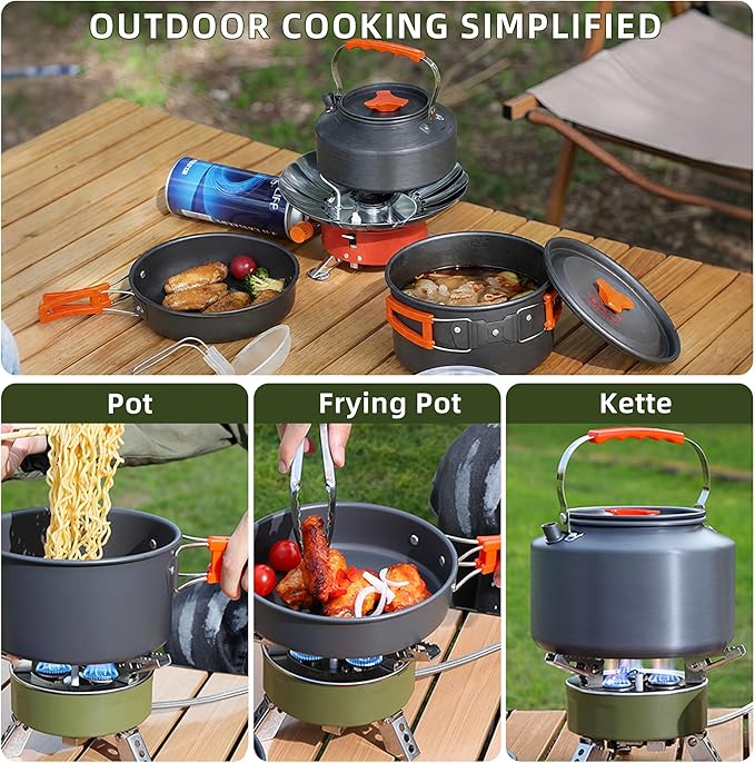 aiGear 3pcs Camping Cookware Mess Kit, Non-Stick Camping Pan Pot Kettle, Lightweight Aluminum, Collapsible Portable Camping Cooking Set for Outdoor Cooking Hiking Picnic