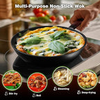 Carbon Steel Wok -13 Inch Woks & Stir-fry Pans Nonstick, Wok Pan with Lid Spatula and Dish Brush: Pre-Seasoned Flat Bottom Chinese Woks for Induction, Electric, Gas, All Stoves