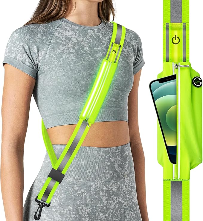 LED Reflective Belt Sash for Walking at Night, Night Running Safety Gear High Visibility Rechargeable LED Light Up Running Belt for Runners Walkers Men Women