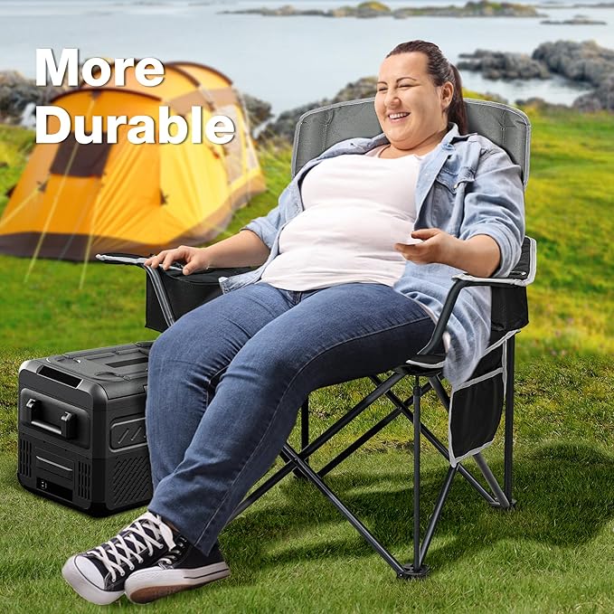 Oversized Folding Camping Chair, Heavy Duty Support 500LBS Outdoor Chair with Cup Holder Storage and Cooler Pouch, Collapsible Padded Arm Chair for Sports Garden Beach Fishing, Black