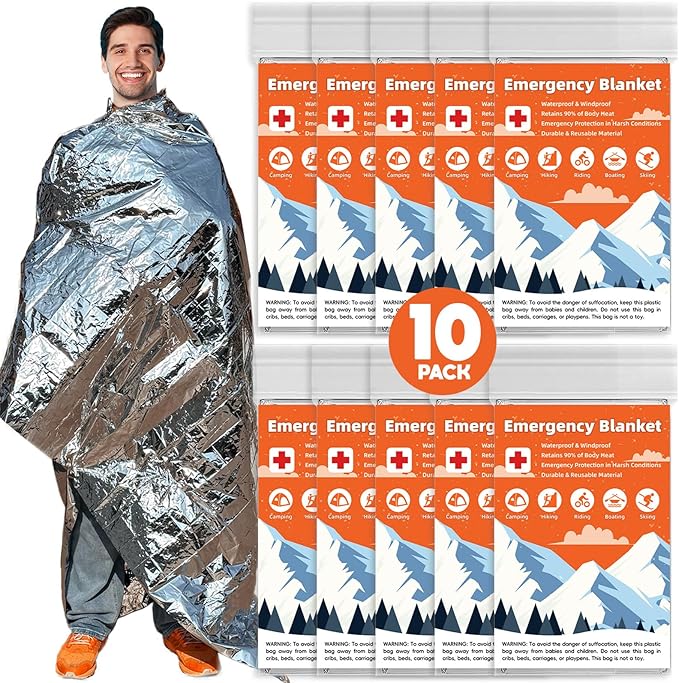 10 Pack Emergency Thermal Blanket Survival, Mylar Blankets for Outdoor, Space Blanket, Silver Foil for Survival, Survival Kit Camping Blankets, Body Warmer, First Aid, Hiking 84” x 52”