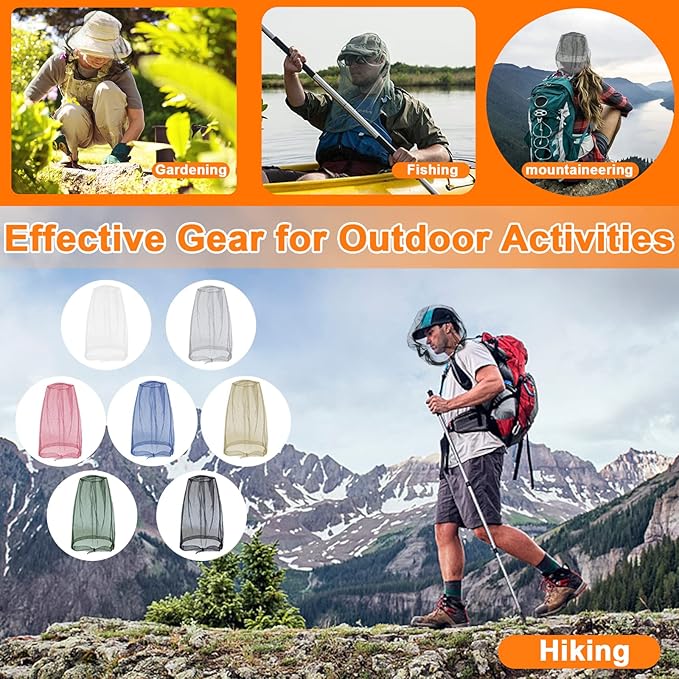Benvo Mosquito Head Net Mesh, Face Neck Fly Netting Hood from Bugs Gnats Noseeums Screen Net for Any Outdoor Lover- with Carry Bags Fits Most Sizes of Hats Caps (2pcs, Light Grey, Updated Big Net)