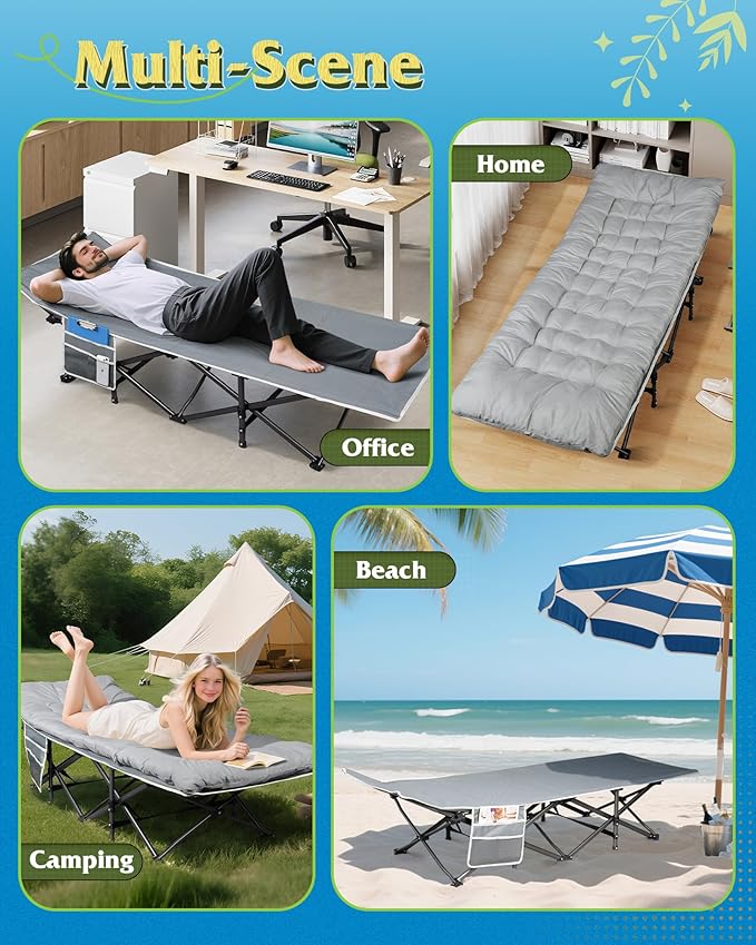 WLIVE 1200D Double Layer Oxford Camping Cots for Adults, Folding Cots for Sleeping with Mattress, Outdoor Folding Bed with Carry Bag, Portable Camping Bed for Sleeping, Resting, Camping, Greige