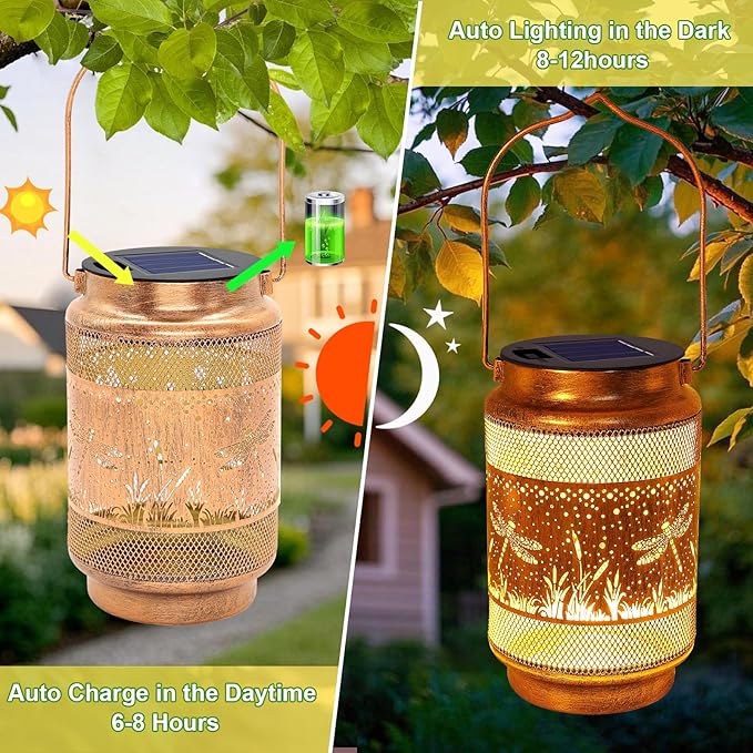 2 Pack Dragonfly Solar Lanterns Outdoor Waterproof Solar Garden Decor, Birthday Gifts for Women Mom Grandma, Metal Hanging Lights with Shepherd Hook for Outside Yard Patio Pathway Backyard Porch
