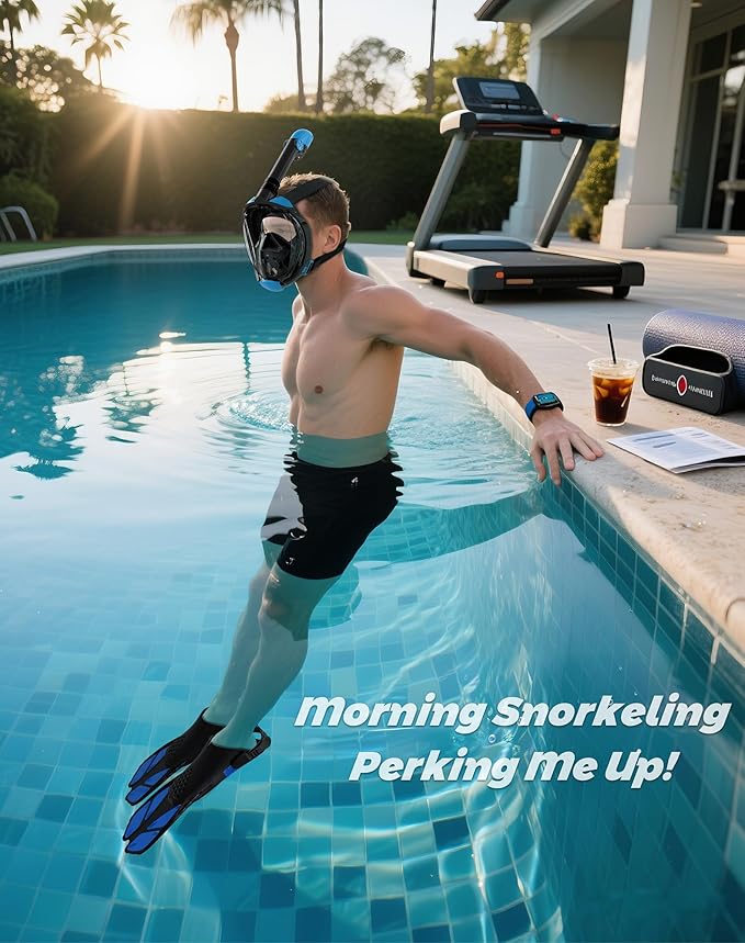 Mask Fins Snorkeling Gear for Adults, Full Face Snorkel Mask & Adjustable Swim Fins Snorkel Set, Panoramic View Snorkel Mask Dry Top Anti-Fog Anti-Leak