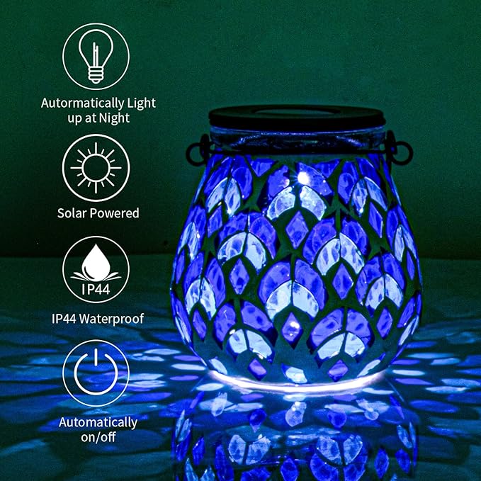 Afirst Mosaic Solar Lanterns - Glass Hanging Lights Hollow Out Waterproof Outdoor Decorative for Garden, Patio, Holiday Party Outdoor Decoration, 1 Pack