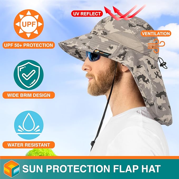SUN CUBE Wide Brim Sun Hat with Neck Flap, UPF50+ Hiking Safari Fishing Hat for Men Women, Sun Protection Beach Hat