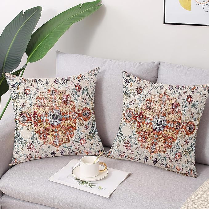 Outdoor Waterproof Pillow Covers 18x18 Inch Set of 2 Bohemian Vintage Carpet Pattern Pillow Covers Blue Burnt Orange Ethnic Design Decorative Farmhouse Couch Garden Balcony