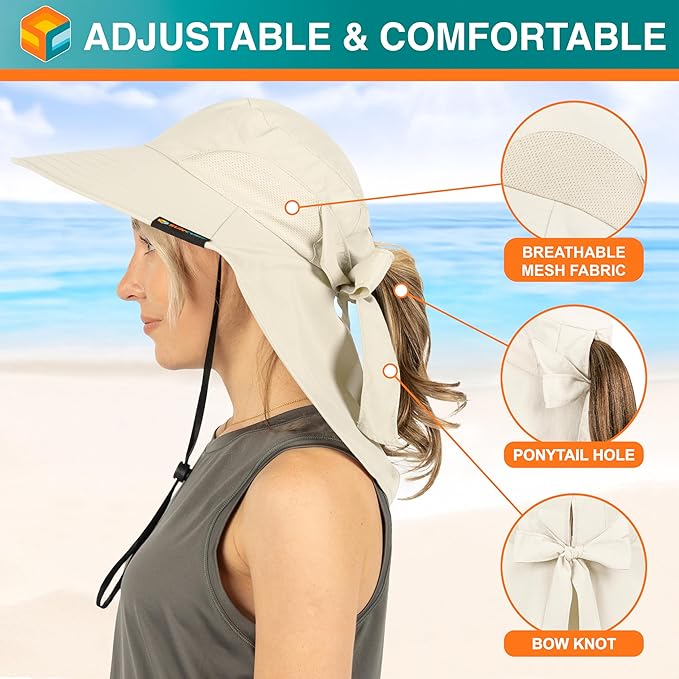 SUN CUBE Wide Brim Sun Hat with Neck Flap, UPF50+ Hiking Safari Fishing Hat for Men Women, Sun Protection Beach Hat