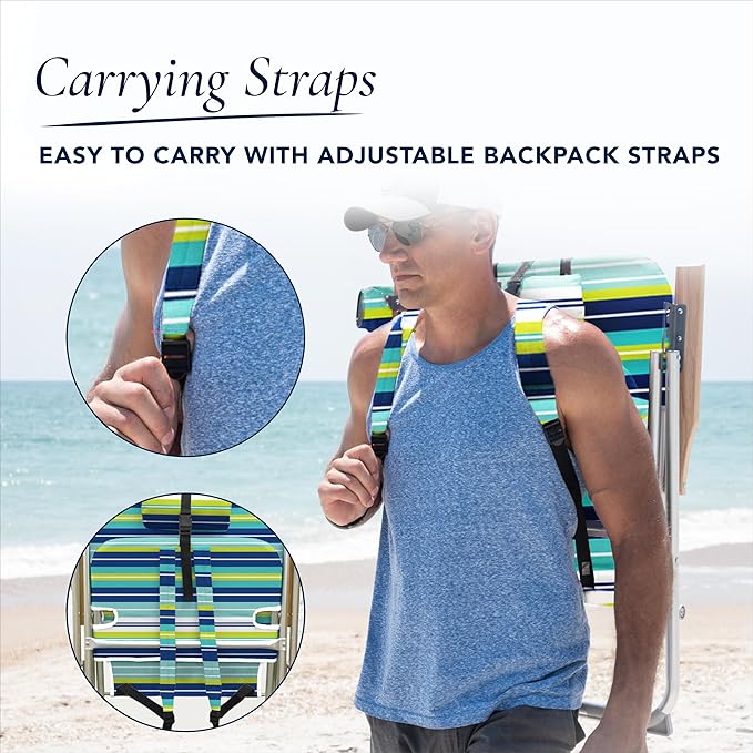 Caribbean Joe Folding Beach Chair, 4 Position Portable Backpack Foldable Camping Chair with Headrest, Cup Holder, and Wooden Armrests, 300 lb Capacity