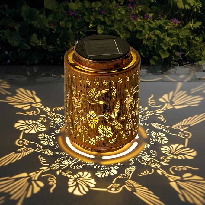 Outdoor Solar Lantern Waterproof Decorative Hummingbird and Trumpet Flower Lights with Metal Construction Warm White Glow Gifts for Mom Grandma Patio Garden Décor