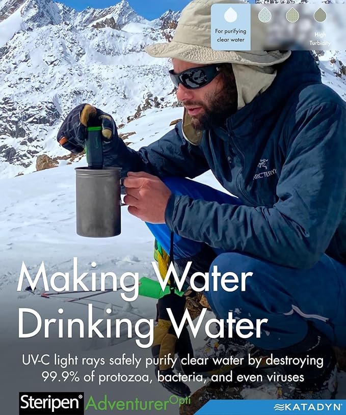 SteriPen Adventurer Opti UV Personal Water Purifier for Camping, Backpacking, Emergency Preparedness and Travel Black/Green Small