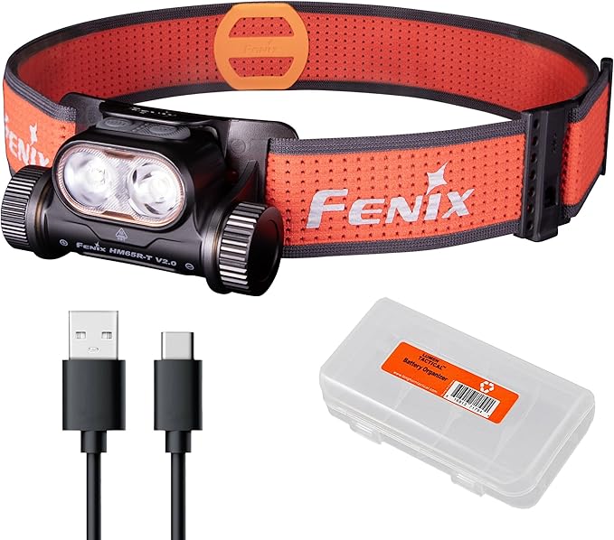 Fenix HM65R-T V2.0 Running Headlamp, 1600 Lumen White Light and Warm White Dual Beams, USB-C Rechargeable, Lightweight Long Runtime for Trail Running, with Organizer (Black)