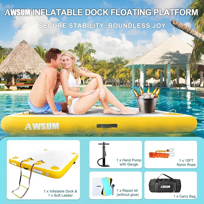 AWSUM Inflatable Floating Dock Air Dock Platform Floating Island Raft with None-Slip Surface for Pool Beach Ocean