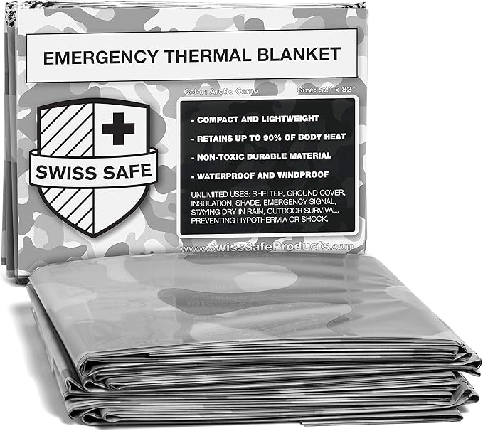 Swiss Safe 4 Pack Mylar Emergency Blankets for Survival - Compact & Insulated for Cold Weather - Designed for NASA, Outdoor, Running, Camping, Survival, First Aid Car Kit - Winter Camo, 4 Pack