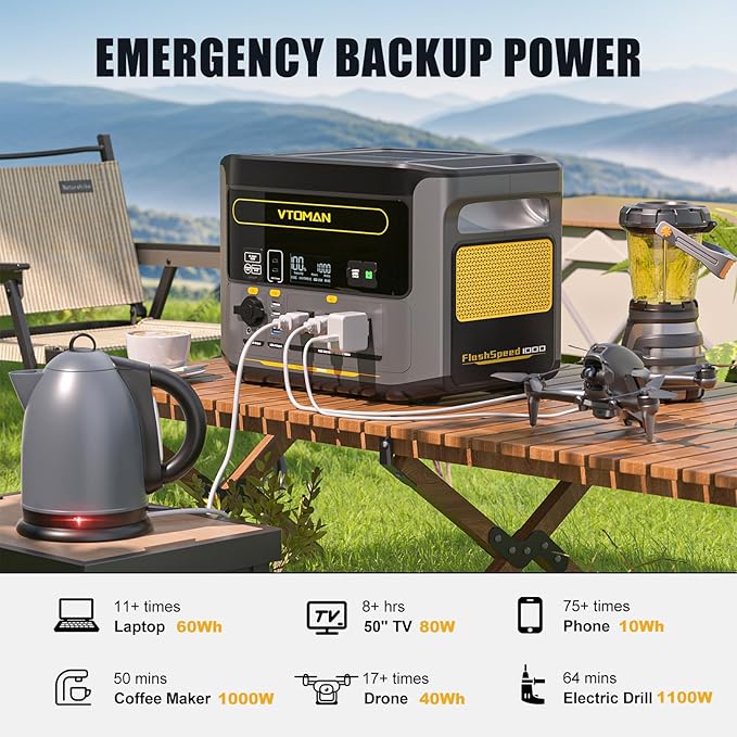 VTOMAN FlashSpeed 1000 Portable Power Station, 828Wh LiFePO4 Battery Solar Generator with Expandable Capacity 2376Wh, 1H Fast Charging(0-80%), 2000W Peak for Home Backup, Camping, Power Outages