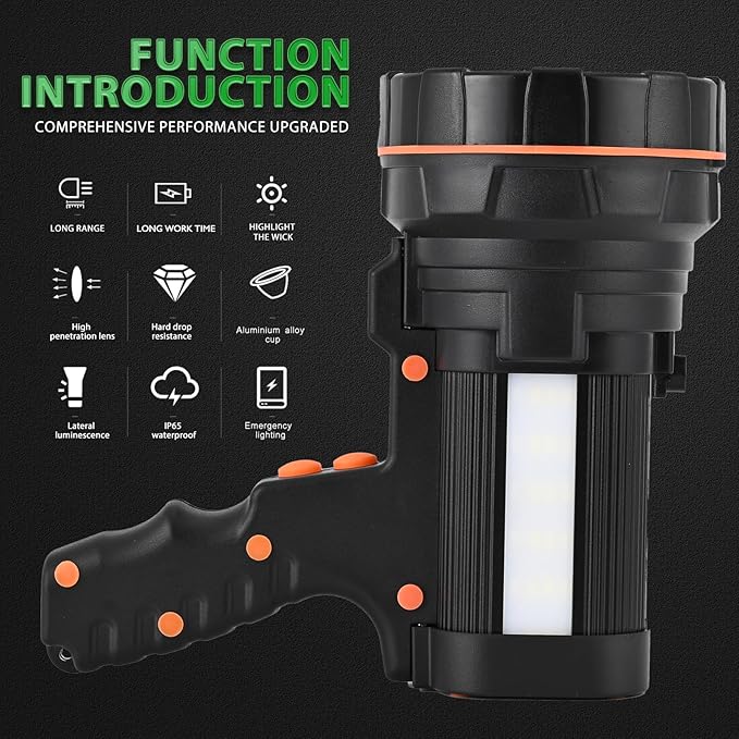 Rechargeable Spotlight Flashlight Water Resistant 8 Hour Runtime LED Super Bright Handheld Searchlight with Shoulder Strap,for During Hurricane Emergency Walking Outages Boating Camping Lantern