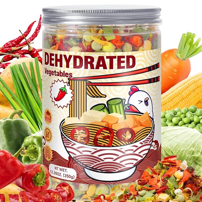 Dried Ramen Toppings Dehydrated Vegetables – 9 Mixed Vegetable Green & Red Bell Peppers, 12.35oz Natural Dried Veggie Flakes for Ramen Noodles, Camping Food Emergency Supply, Soups, Vegan