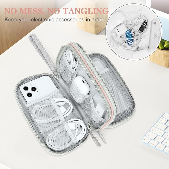 FYY Electronic Organizer, Travel Cable Organizer Bag Pouch Electronic Accessories Carry Case Portable Waterproof Double Layers All-in-One Storage Bag for Cable, Cord, Phone, Earphone-Light Pink