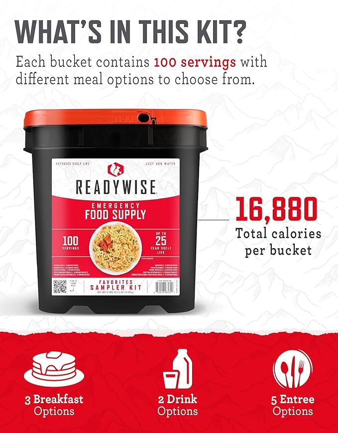 ReadyWise Emergency Food Supply - 100 Servings Favorites Bucket, Protein Meals, Dehydrated & Freeze Dried Survival Food, Backpacking, Camping Essentials & Prepping Supplies, up to 25 Year Shelf Life