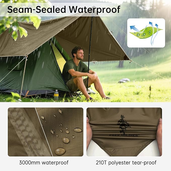 FREE SOLDIER Camping Tarp Waterproof Portable Multifunctional Outdoor Traveling Awning Backpacking Shelter Rain Tarp (Olive-Green 10×10.5ft)