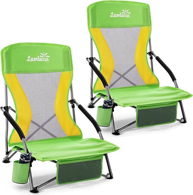 Lamberia Folding Beach Chair for Adults 2 Pack, Portable Low Beach Chairs with 300lbs Capacity, Lightweight Fodable Camping Chair for Travel, Picnic, Concert & Outdoor Activities,Green-Yellow