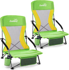 Lamberia Folding Beach Chair for Adults 2 Pack, Portable Low Beach Chairs with 300lbs Capacity, Lightweight Fodable Camping Chair for Travel, Picnic, Concert & Outdoor Activities,Green-Yellow