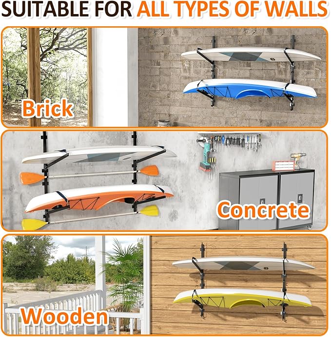 Kayak Storage Rack for Garage Wall Mount - Heavy L-Frame Holder with Anti-Slip Bungee & Complete Installation Kit, Supports 150LB (Fits Canoe/Paddle Board, Black) (1PACK)