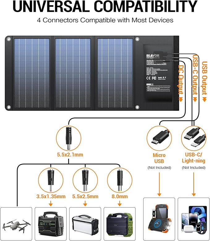 BLAVOR 30W Solar Charger USB-A QC3.0 24W USB-C DC 30W Outputs, Foldable Solar Panel for Camping, IPX4 Waterproof, Solar Battery Charger Compatible with Solar Generators, Phones, Tablets