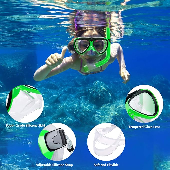 GreenLF Kids Snorkel Set, Anti-Fog Snorkeling Mask with Nose Covers for Youth Junior Child, Boys & Girls Age 5-12, Semi-Dry Diving Scuba Swimming Goggles Gear Packages