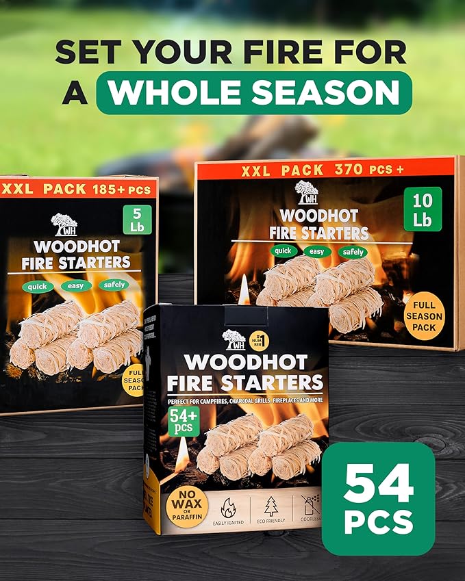 WH 54+ Pack Natural Fire Starters for Campfires & Grill - Long-Burning Charcoal Starters - Odorless Firestarters for Outdoor Fire Pit, Fireplace - Quick Ignite