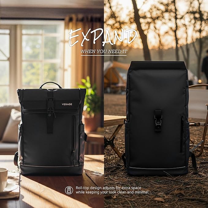 Verage Pulse 2-in-1 Roll Top Laptop Backpack 16″ with Detachable Everyday Sling Bag, Personal Item Size, Expandable Water-Resistant Travel Backpack for Airplane, Work & Daily Commute – Black