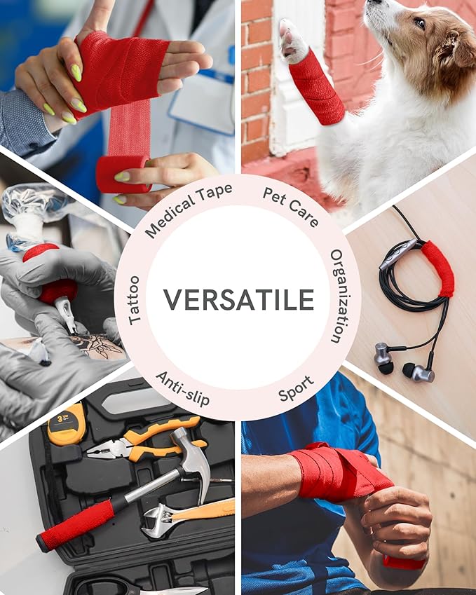 FriCARE Self Adhesive Bandage Wrap, Medical Tape in First Aid Kit, Cohesive Bandages for Wounds Sport Vet, FSA/HSA Eligible, 2 Inches X 5 Yards 6 Rolls, Red
