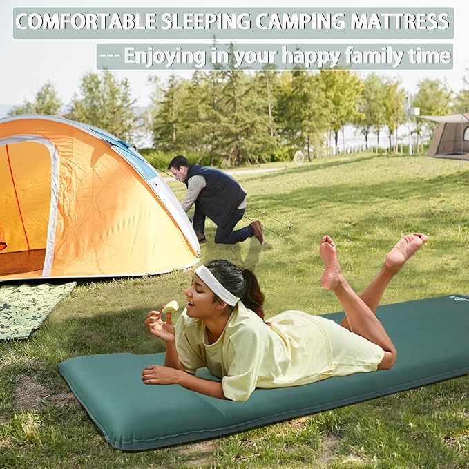 LINKET Self Inflating Sleeping Pad: Sleeping Pad with Electric Pump 3.2" Ultra-Thick Memory Foam & Built-in Pillow All Season Camping Mattress for Tent Travel Car - Self Inflating Air Mattress Green