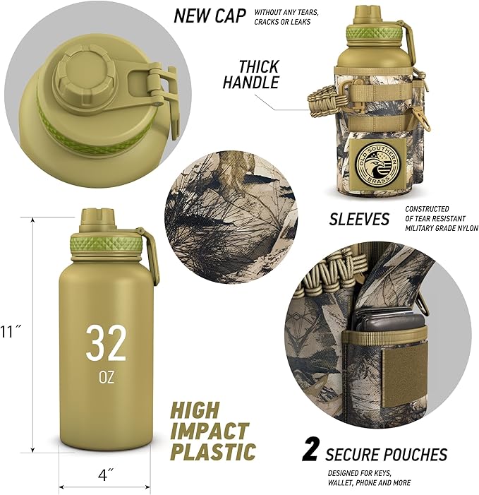 Combat Canteen - 32oz Insulated Water Bottle with Paracord Handle, Stainless Steel Water Jug with Rugged Pockets for Keys, Wallet & Phone - Woodland Camo