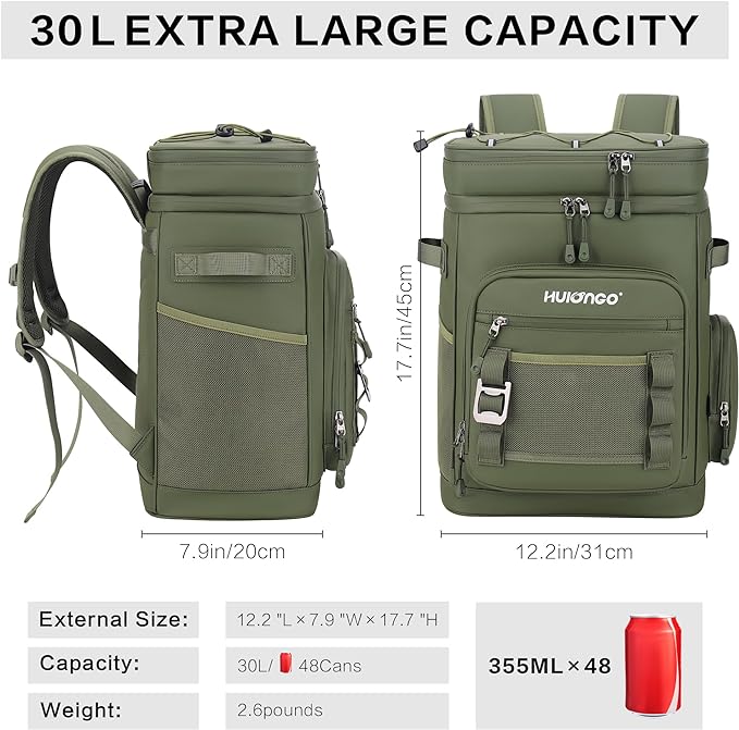 Large Waterproof Insulated Cooler Backpack for Men & Women, Leak Proof Cooler Backpack for Camping, Beach, Fishing, Picnic, Travel, Outdoor, 30L, 48Cans