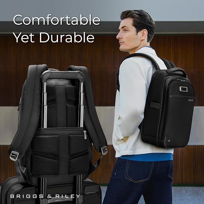 Briggs & Riley Slim Backpack for Women & Men - Laptop Backpack, For Work & Travel, Carry On Size, Lightweight & Durable, Padded Straps, Fits up to 14" Laptop - @work Collection, Black