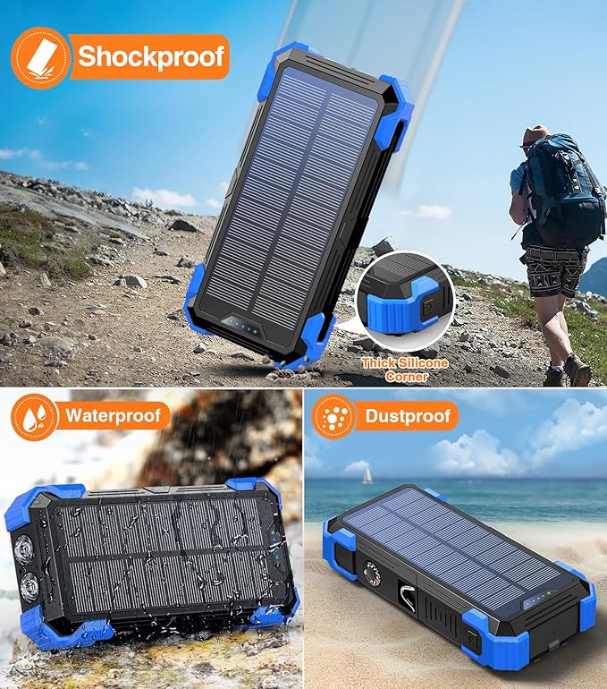 Solar Charger Power Bank, 42800mAh Wireless Portable Charger with USB-C in/Output, QC3.0 Fast Charging 15W 4 Ports Outdoor Battery Pack Built-in LED Flashlight, for iPhone, Galaxy, iPad etc