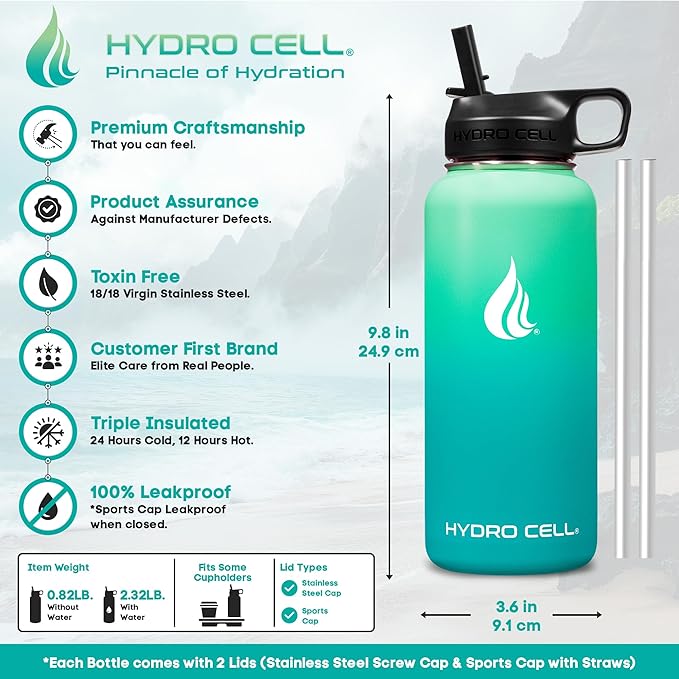 HYDRO CELL Stainless Steel Insulated Water Bottle with Straw - For Cold & Hot Drinks - Metal Vacuum Flask with Screw Cap and Modern Leakproof Sport Thermos for Adults (Mint/Green 32oz)