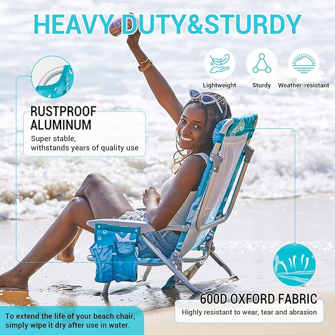 #WEJOY Folding Beach Chair for Adults, 4-Position Aluminum Lightweight Beach Chair, Low Sands Chairs with Shoulder Strap, Cup Holder and Padded Headrest, Supports 265lbs for Lawn