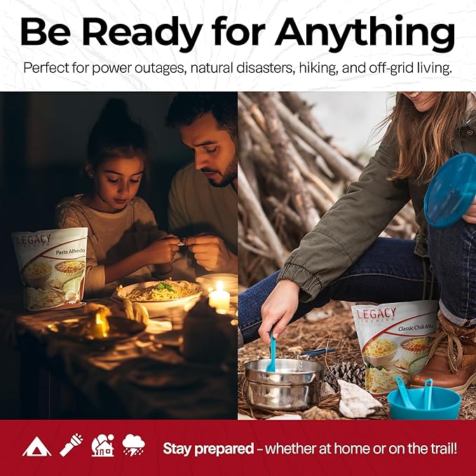 Legacy Food Storage 60 Serving Emergency Food Supply Bucket, 10 Entrees, 4 Breakfasts, 24,520 Total Calories, Shelf Stable Breakfast Lunch & Dinner, Freeze Dried Survival Meals for MRE Camping, Hiking, Prepping