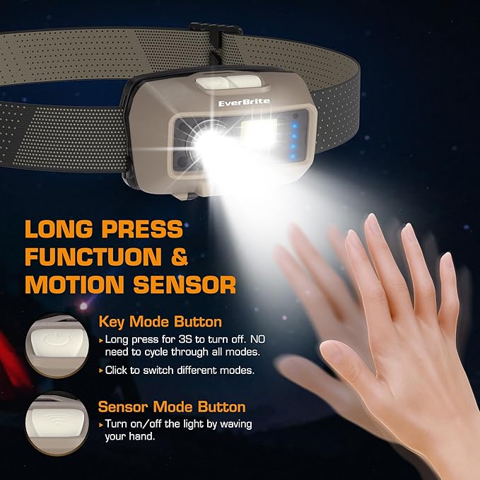 EverBrite Rechargeable Headlamp, LED Bright Motion Sensor Head Lamp Flashlight with 9 Modes, Adjustable Headlight for Adults with White Red Light, Water Resistant, Khaki, for Hiking, Running, Camping