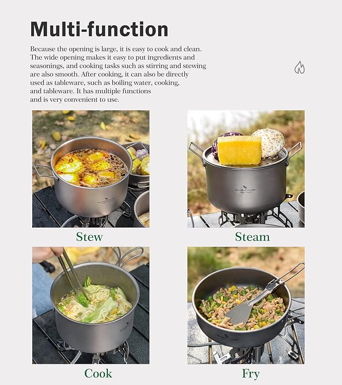 iBasingo 1.8L Titanium Cooking Pot with Lid Camping Cookware with Foldable Handle Outdoor Portable Lightweight Cooking Kit for Backpacking Hiking Picnic Fishing Mountaineering Ti2107C (1 pc)